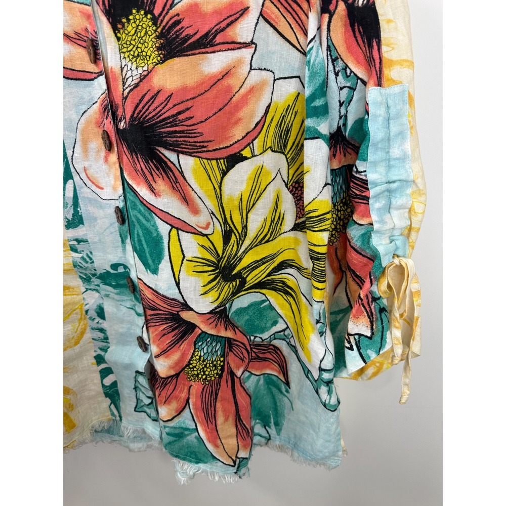 John Mark Artsy Boho Wire Collar Raw Hem 100% Linen Tunic Top Floral Size Small - Picture 10 of 12